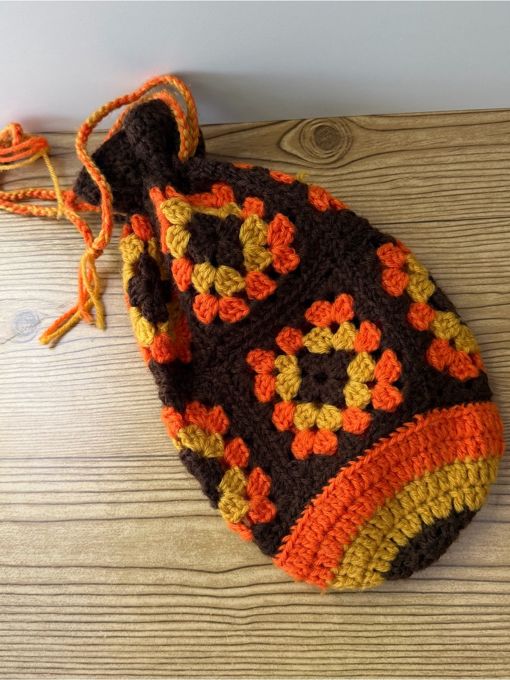 Vintage Granny Square Crochet Knit Handmade Drawstring Pouch 70s Autumn Colours